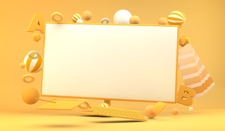 Computer screen mock up surrounded by graphic design elements 3d renderingの写真素材
