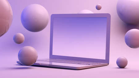 Laptop surrounded by spheres 3d rendering mock upの写真素材