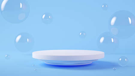 Minimal white platform surrounded by bubbles 3d renderingの写真素材