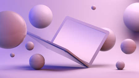 laptop surrounded by spheres 3d rendering mock upの写真素材