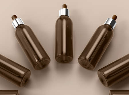 Amber Dropper Bottles on beige background. 3d Renderingの写真素材