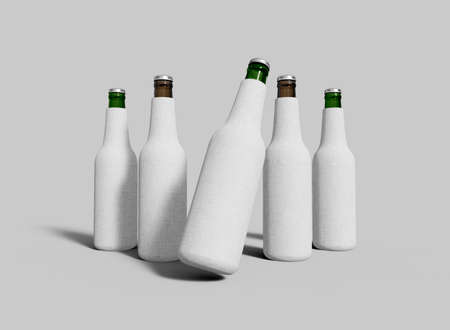 Beer Bottle Set with Cooling Sleeves Mockup. Isolated Bottles Koozies Set. 3d Renderingの写真素材