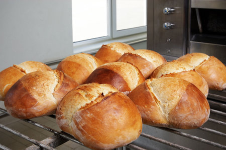 Ten fresh breads in front of the oven, on wagon