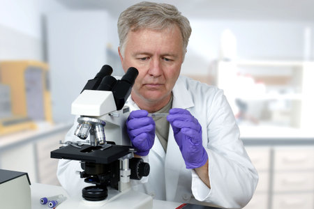 Researcher in the lab looking on microscope slideの写真素材