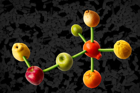 Connected fruits in the shape of molecular structure. Concept for vitamins diet.