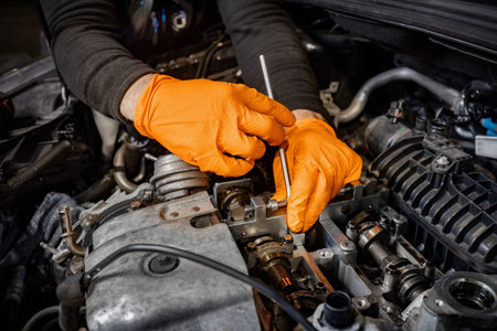 Experience the precision of a skilled mechanic's hands, clad in orange gloves, as they meticulously...