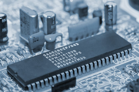 closeup of the blue electronic circuit board