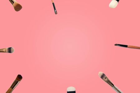 Set of make up brushes for face and eyes. Essential tools for applying make up product on face. Make up banner with copy and design space.の写真素材