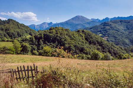 In the foreground a wooden fence that gives access to a field of grass, in the background the mountains of Asturiasの写真素材