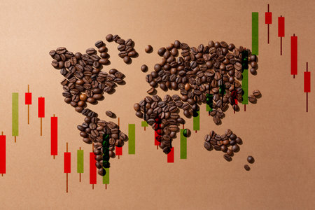 value of coffee in the markets worldwide.World map made with coffee beans on brown background