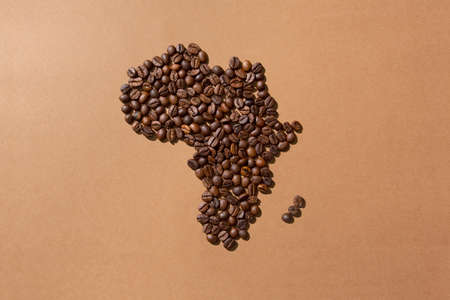 Map of Africa made with coffee beans on brown backgroundの写真素材