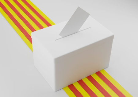 Ballot box with a voting envelope in the slot ready to vote. Catalonia flag in the background.3d Illustrationの写真素材