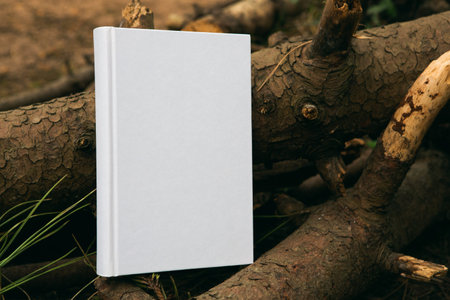 book with blank cover and empty cover perched in a forest