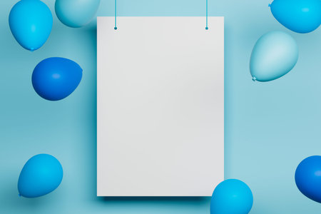 Blank poster with empty space for text hanging on some strings and colored balloons floating around....