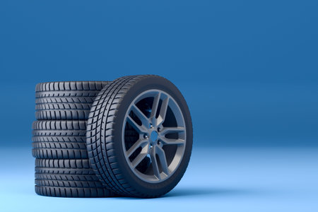 four tires with rims placed on a blue background and with space to include texts. 3d illustration