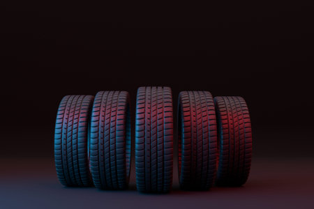 Five car tires stacked on a black background and patterned with blue and red lights. 3d illustration
