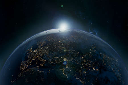 image of the earth sunrise seen from space, area of Europe, Africa and Asia. bluish tones. 3d render. bluish tonesの写真素材