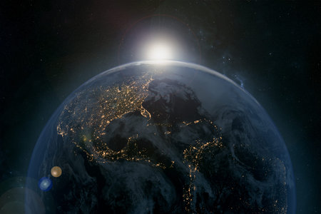 image of the earth sunrise seen from space, area of Europe, Africa and Asia. bluish tones. 3d render. bluish tonesの写真素材