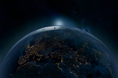 image of the earth sunrise seen from space, area of Europe, Africa and Asia. bluish tones. 3d render. bluish tonesの写真素材