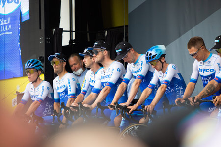 Bilbao, Spain - July 1, 2023: presentation of the JAYCO ALULA team in the first stage of the 2023...