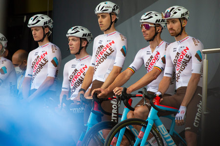 Bilbao, Spain - July 1, 2023: presentation of the AG2R CITROEN TEAM team in the first stage of the...