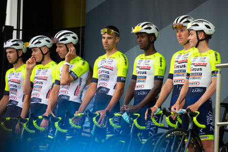 Bilbao, Spain - July 1, 2023: presentation of the Intermarche team in the first stage of the 2023...