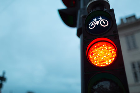 Photograph of a red traffic light for bicycles, seen from close up in a cityの写真素材