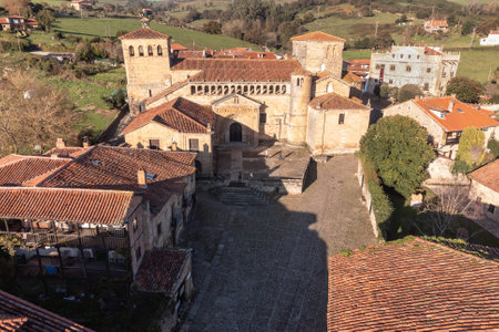 Aerial view of the Collegiate Church of Santa Juliana, in Santillana del Mar, Cantabria.の写真素材