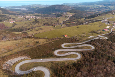 Aerial view of the road to the El Soplao cave, in Cantabria, Spain.Drone view.の写真素材