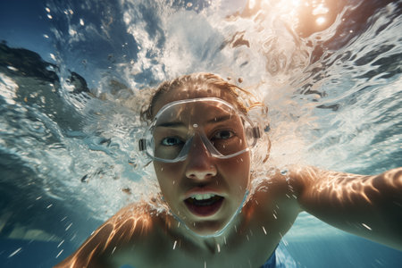 A girl diving with goggles in crystal clear water. underwater cameraの素材