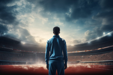 An athletic man looks excitedly at the atmosphere of a crowded stadiumの素材