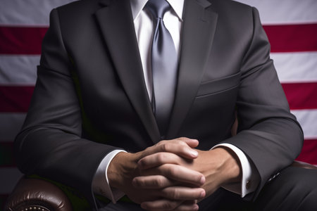 A powerful man sitting in an armchair with his hands clasped. Policyの素材