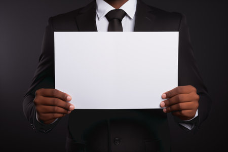 An African-American man dressed in a suit holds a blank sheet of paper with space to put textsの素材