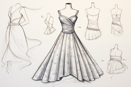 handmade sketches of women's fashion dresses and patternsの素材