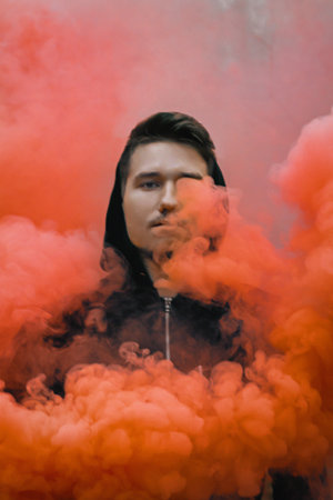 guy with colorful smoke in forest at morning