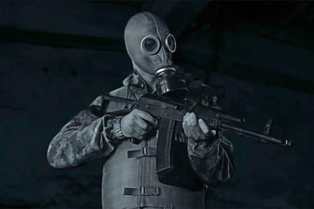 military guy in old house art shooting