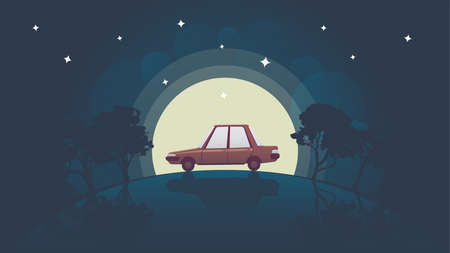 a car rides over a hill on a full moonのイラスト素材