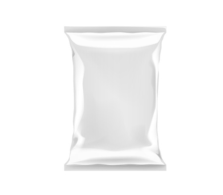 White blank foil plastic bag packaging isolated. Mock-up design template for branding for chips, snack, cookies, peanuts.のイラスト素材