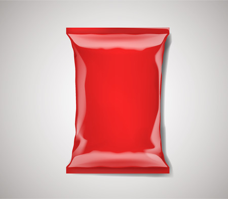 Red blank foil plastic bag packaging isolated. Mock-up design template for branding for chips, snack, cookies, peanuts.のイラスト素材