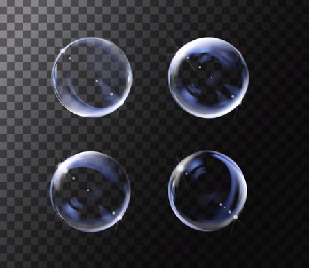 Realistic soap bubble with rainbow colors on black background. Soap Bubble set with glares. Bubbles illustration vector.のイラスト素材