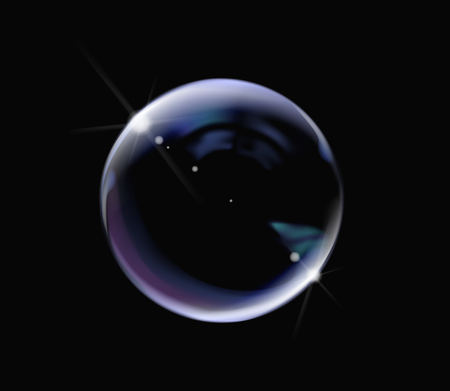 Realistic soap bubble with rainbow colors on black background. Soap Bubble with glares. Bubble illustration vector.のイラスト素材