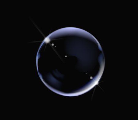 Realistic soap bubble with rainbow colors on black background. Soap Bubble with glares. Bubble illustration vector.のイラスト素材