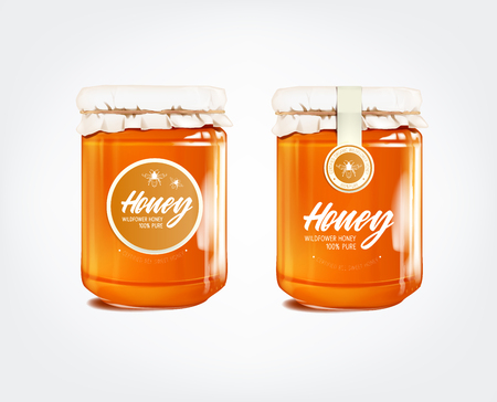 Honey in glass jar isolated with label.のイラスト素材