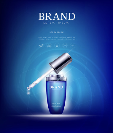 Serum essence aqua, sea with dropper in bottle. Skin care collagen hyaluronic moisture formula treatment with honeycomb design elements. Anti age drops DNA helix protection and lifting solutionのイラスト素材