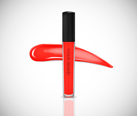 Red Liquid lipstick, Lip gloss in elegant glass bottle with black lid, closed and open container with brush, isolated . Make up smear.のイラスト素材