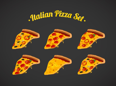Italian pizza set, collection . For advertising design or restaurant business. Vector illustration of slices ofpizza Margherita, pepperoni, Mushroom.のイラスト素材