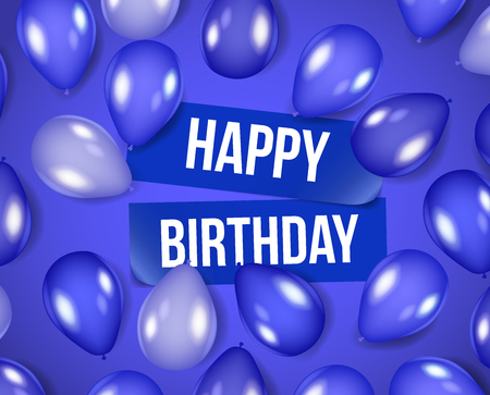 Happy Birthday blue lettering Poster for boy with Shiny Blue Balloons. Group of balloons, happy birthday message for event. Colorful Happy Birthday. Announcement / poster / flyer / greeting card.のイラスト素材