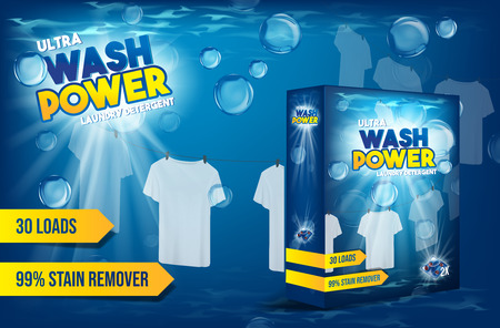 Laundry detergent box add. White clothes hanging out to dry with bubbles .Product package design.のイラスト素材
