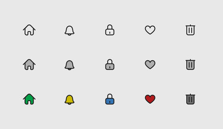 Set of simple, basic icons. Home, bell, lock, like and trash iconography.のイラスト素材