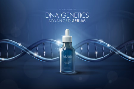 Moisturizing serum cosmetic ads template. Dropper bottle with dna moleculesのイラスト素材